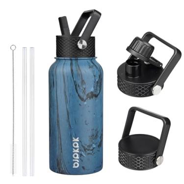Imagem de BJPKPK Garrafas de água isoladas com tampa de palha, garrafa de água de aço inoxidável de 765 g com 3 tampas, garrafa térmica de metal à prova de vazamento livre de BPA, canecas, copos, mantenha frio