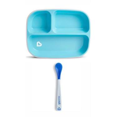 Imagem de Prato Munchkin Infantil Com Divisórias + 1 Colher Termo Sensível Azul