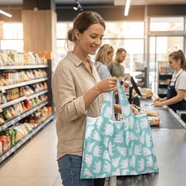 Imagem de Sacola de compras de mercearia reutilizável, bolsa de mão lavável dobrável, capacidade de peso de 15 kg, Urso polar, One Size