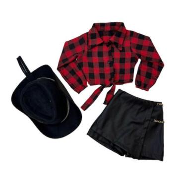 Imagem de Roupa Country Infantil Conjunto Xadrez Kids Meninas + Chapéu Boiadeira