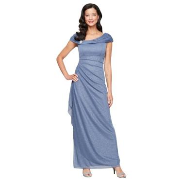 Imagem de Alex Evenings Vestido feminino longo com gola em L em malha brilhante para mãe da noiva com decote franzido (tamanhos pequenos e regulares), Glitter azul empoeirado, 44