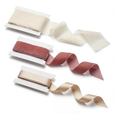 Imagem de SHSEEN Conjunto de fita rosa empoeirada de veludo, chiffon e cetim para convites de casamento, embrulho de presente, acabamento em tecido rosa, champanhe e creme para buquês de noiva, floral e chá de