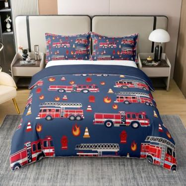 Imagem de Capa de edredom 100% algodão caminhões de bombeiros tamanho casal 3 peças desenho animado caminhões vermelhos conjunto de cama para crianças, meninos, meninas, adolescentes, desenho animado hidrante
