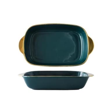 Imagem de Caçarola Prato requintado doméstico com cabo duplo prato resistente a altas temperaturas, utensílios de mesa de cerâmica para cozinha (verde)