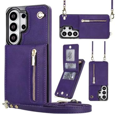 Imagem de Capa carteira para Samsung Galaxy S26 Ultra, couro premium e TPU, capa traseira para celular com alça de pulso e suporte, capa protetora fina para mulheres e meninas (Roxo)