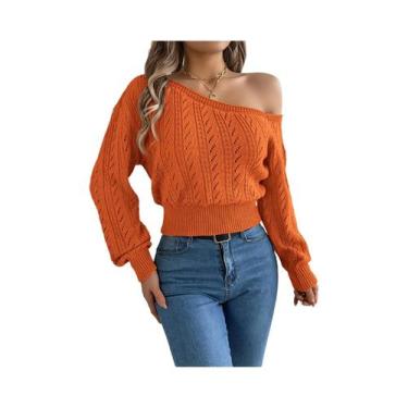 Imagem de Suéter De Tricô Feminino De Manga Longa Com Ombros À Mostra, Casual E 