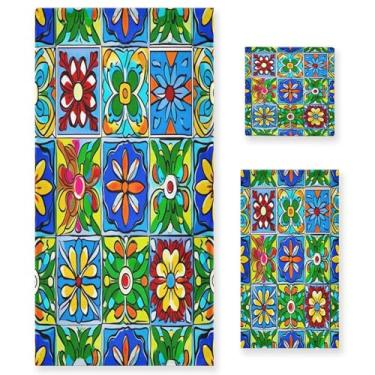 Imagem de xigua Conjunto de toalhas de banheiro padrão mexicano absorvente macio 3 peças toalha de banho toalha de mão toalhas decorativas para banheiro, academia, hotel, praia, piscina