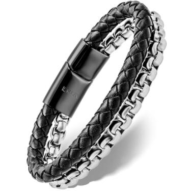 Imagem de RTZN® Pulseira de couro preta masculina – Pulseira artesanal de prata e couro premium – Pulseira empilhada de couro trançado preto e corrente de prata, Small, Medium, Large, Couro