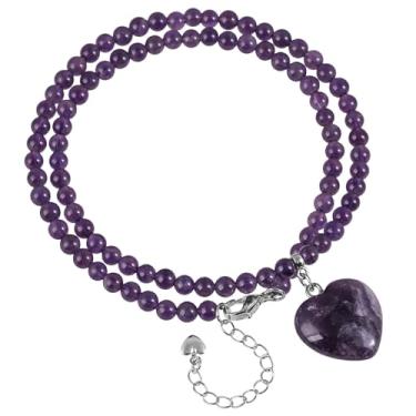 Imagem de SUNYIK Colar feminino com pingente fofo de coração de amor, contas de pedra natural de 4 mm, pulseira de fio em camadas, presente amado para ela, Pedra de cristal ametista, Pedra de cristal ametista