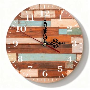 Imagem de Relógio de parede de madeira recuperada de retalhos - Multicolorido, envelhecido, silencioso, sem tique-taque, decoração de casa de fazenda para cozinha de escritório em casa - Relógio pequeno rústico