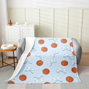 Imagem de jejeloiu Cobertor de flanela de basquete felpudo com laço azul felpudo cobertor de lã para crianças, meninos, meninas, adolescentes, jogos, esportes, lindo laço, decoração de quarto, 127 x 152 cm