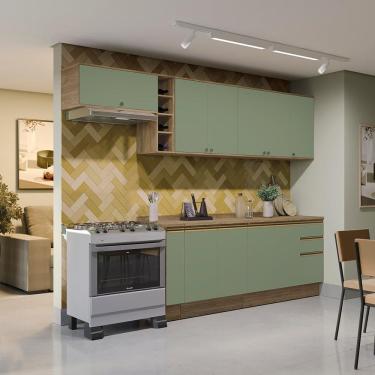 Imagem de Armário de Cozinha Completa 100% MDF 300cm Nogueira/Verde Celeste Kappesberg