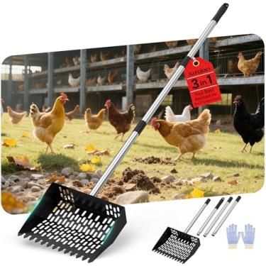 Imagem de Colher de galinha para areia, colher de galinheiro 3 em 1 função de ancinho 【Furos finos para peneira】【Cabo inoxidável ajustável de 61 a 162 cm】 Pá de metal para gatos, pá sem orifícios, colher