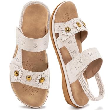 Imagem de Zorfe Sandálias rasteiras para mulheres: confortável gancho laço elástico tira no tornozelo verão casual sapatos de caminhada, Bege, 34