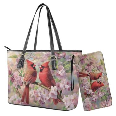 Imagem de Nittanovaca Bolsa feminina com conjunto de carteira, bolsa de ombro de couro para mulheres, bolsa de viagem impermeável para trabalho, Flor de cerejeira rosa cardeal