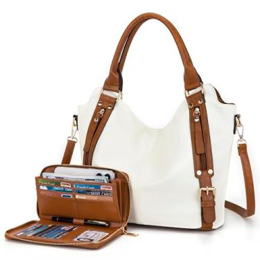 Imagem de Bolsas transversais para mulheres, bolsa Hobo grande, bolsa de ombro de couro PU, conjunto de carteira feminina 2 peças, Z, branco, marrom, Large, S1139
