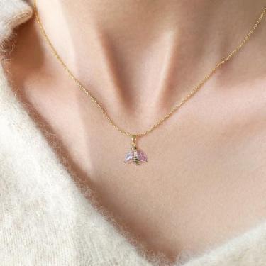 Imagem de Colar feminino com pingente de abelha com listras pretas de cristal banhado a ouro, moderno, berloques de abelha de mel, corrente de elos ajustáveis, joias de festa de aniversário de casamento, 45,7