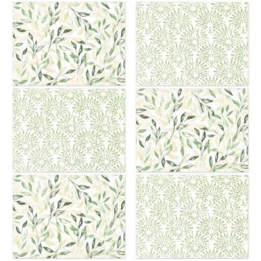 Imagem de Jogo americano boho com folhas florais verdes, conjunto de 6 tapetes de mesa de plástico com folhas tropicais boêmias, laváveis, decoração de mesa de férias de meados do século, para ambientes