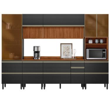 Imagem de Cozinha Modulada Proença 6 Peças Com Paneleiro 1 Forno E Aéreo 120cm Ripado Nogueira Touch/carbono Prime Tx - Demartêz Nogueira Touch/carbono Prime Tx