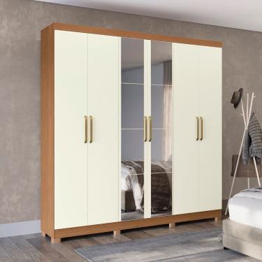 Imagem de Guarda-roupa 6 Portas e 2 Gavetas com Espelho e Pés de Madeira Open Canela/Off White