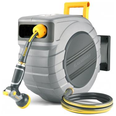 Imagem de Mangueira de Jadim 35M com Enrolador Retrátil, Trava, Sistema de Retorno Lento e Bico Pulverizador de 9 Funções, GLAHODEN, Cinza e Amarelo