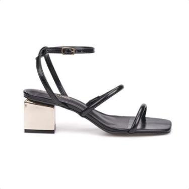 Imagem de Sandália Feminina Salto Bloco Dourado Bico Quadrado Tira Com Fivela-Feminino