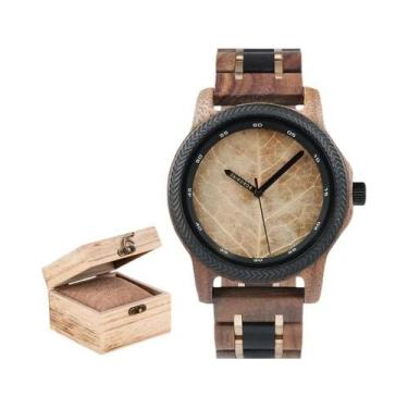 Imagem de Relógio De Madeira Artesanal Masculino BOBO BIRD Original Com Folha Na