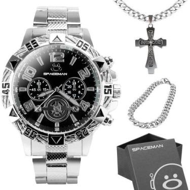 Imagem de Relogio Masculino Aço Inox Prata + Caixa + Pulseira Analogico Social P