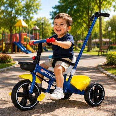 Imagem de Triciclo Infantil Azul com Cadeirinha, Empurrador e Cinto de Segurança