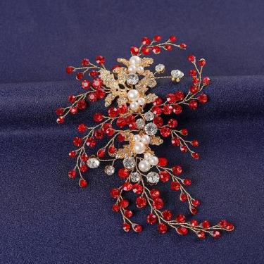 Imagem de Tiara De Flor De Cristal Vermelho Com Strass E Pérolas, Acessório De C