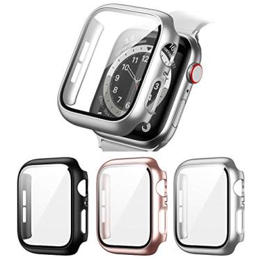 Imagem de Pacote com 3 capas rígidas de PC compatíveis com Apple Watch Series SE 2022/6/5/4/SE 40 mm, capa BHARVEST com protetor de tela de vidro temperado capa sem bolhas para acessórios iWatch, preto + prata + ouro rosa