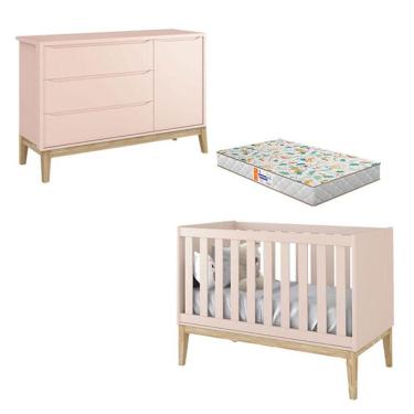 Imagem de Berço Americano e Cômoda New Classic Rosa com Pés Madeira Natural e Colchão Gazin - Reller 