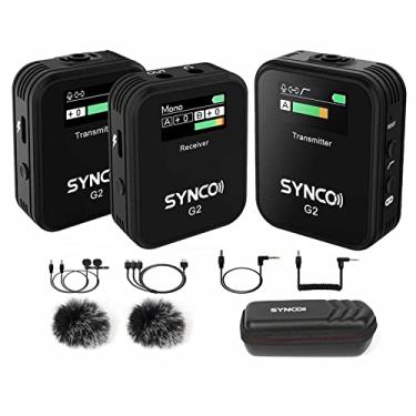 Imagem de SYNCO Microfone lapela sem fio G2 (A2) canal duplo 2.4G profissional sem fio com clipe, sistema de microfone 2 transmissores e 1 receptor de alcance de 150 metros para câmera DSLR, tablet Android, iPhone para vlogging YouTube