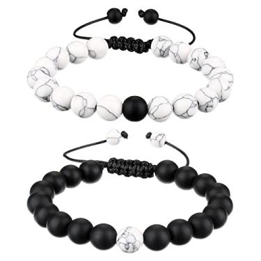 Imagem de BBTO Pulseiras para casais de longa distância combinando 8 mm contas de howlita ágata preta fosca para casais presentes dele e dela, 7.09 inch, ágata fosca, howlita, corda elástica, fio de algodão
