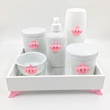 Imagem de Kit Higiene Bebê Porcelana Princesa Coroa Rosa Bandeja Mdf Garrafa 6Pç