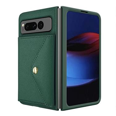 Imagem de KVIBEO Capa para Google Pixel Fold, capa carteira à prova de choque com padrão de lichia com compartimentos para cartões e capa protetora antiqueda com fecho magnético, verde