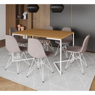Imagem de Mesa Industrial Retangular Canela Base V 137x90cm C/ 6 Cadeiras Eiffel Estofadas Nude Médio Aço Bran