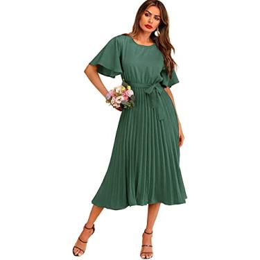 Imagem de Milumia Vestido longo feminino elegante com cinto plissado e manga com babados, Verde menta, simples, XXG
