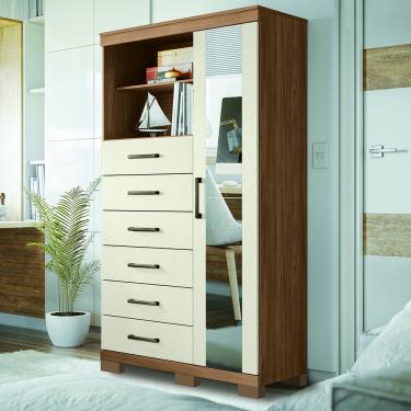Imagem de Cômoda Multiuso 1 Porta 6 Gavetas com Pés e Espelho Marabá Santos Andirá - Jatoba/Areia