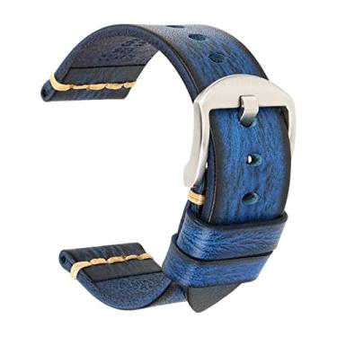 Imagem de DJDLFA Maikes Pulseira de relógio de couro genuíno para pulseira de relógio Galaxy 20mm 22mm 24mm Pulseira de relógio Tissote Timex Omega Pulseiras de pulso (Cor: Azul Escuro-Prata, Tamanho: 24mm)