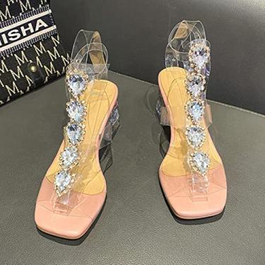 Imagem de Sandália de plástico salto bloco venda de verão de sapatos femininos terno feminino bege fivela alça combina com tudo transparente grosso