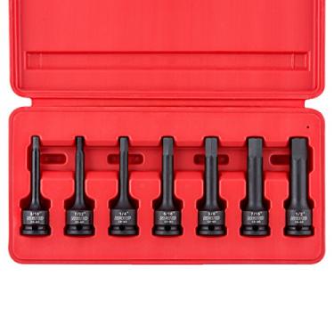 Imagem de NEIKO Conjunto de soquetes Allen 01131B de 9,5 mm de comprimento, 7,6 cm de comprimento, conjunto de soquetes hexagonais de impacto de 9,5 mm (3/8 polegada), chave hexagonal SAE de 3/16" a 1/2", aço CrMo, grau de impacto, conjunto de 7 peças