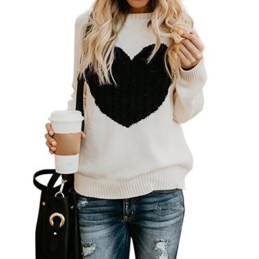 Imagem de Suéter feminino tricotado com design de coração pulôver de manga comprida suéter de malha suéter macio e elástico