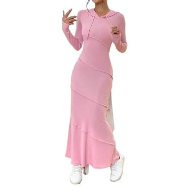Imagem de Camisa Feminina Top-stitching Drawstring Hooded Mermaid Hem Dress (Color : Pink, Size : CH)