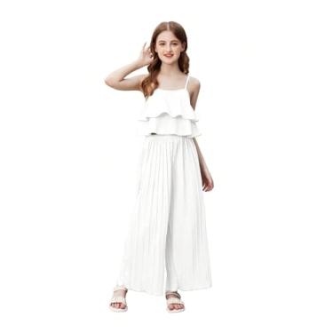 Imagem de SOLY HUX Blusa cropped feminina com bainha com babados e cintura alta plissada calça de perna larga 2 peças, Branco liso, 12Y