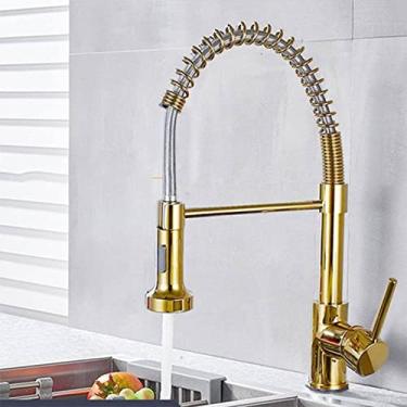 Imagem de Torneira da cozinha pull out stream pulverizador deck montado preto fosco misturadora rotação de 360 graus pia da cozinha quente e fria, ouro