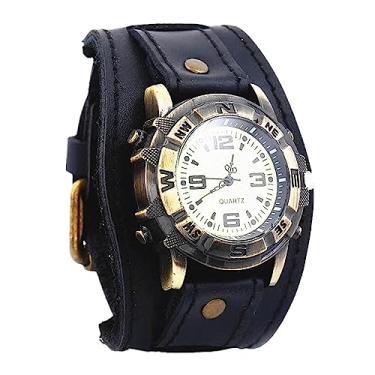 Imagem de MINILUJIA Relógios masculinos feitos à mão vintage punk hip-hop gótico macio couro largo moda punho feminino relógio de pulso redondo bronze mostrador quartzo, Preto, Hip-hop punk vintage