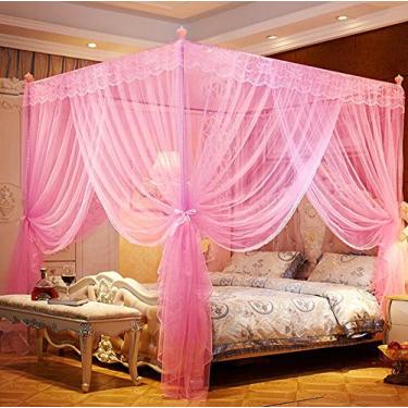 Imagem de Nattey Cortinas de cama com dossel de 4 cantos, cortina de cama de princesa, dossel de mosquiteiro (twin, rosa)