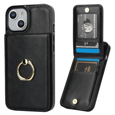 Imagem de KIHUWEY Capa para iPhone 13/14 com suporte para cartão de crédito, anel de rotação de 360° de couro PU fecho magnético suporte capa protetora resistente para mulheres e homens 16,1 polegadas (preto)