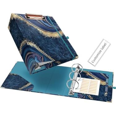 Imagem de Ospelelf Mini fichário com 3 argolas de 5 cm, fichário fofo para 14 cm x 21,5 cm com 5 divisórias de abas, etiquetas de pasta de arquivo e pranchetas de baixo perfil, fichário de mármore azul para material escolar e material de escritório